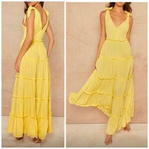 New Flowy Tie Strap Tiered Ruffle Maxi Dress Yellow